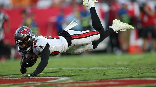 Tampa Bay Buccaneers wide receiver Tez Johnson (15) dives for a touchdown during the third quarter against the San Francisco