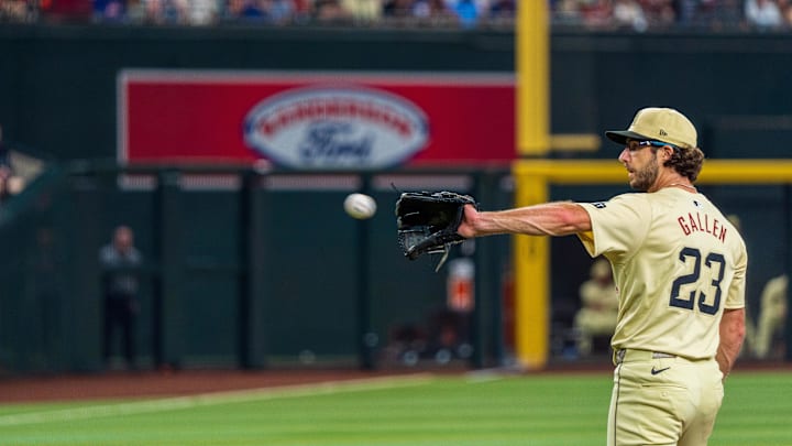 Aug 30, 2024; Phoenix, Arizona, USA; Arizona Diamondbacks pitcher Zac Gallen (23) on the mound in the second inning against the Los Angeles Dodgers at Chase Field. Mandatory Credit: Allan Henry-Imagn Images  