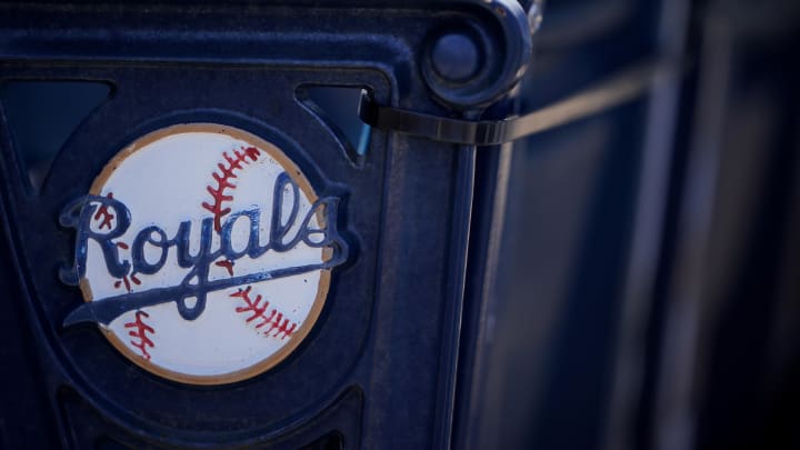 Apr 1, 2021; Kansas City, Missouri, USA; A general view of the Kansas City Royals logo on seats with complimentary flags for fans before the Opening Day game against the Texas Rangers Kauffman Stadium. Mandatory Credit: Denny Medley-USA TODAY Sports