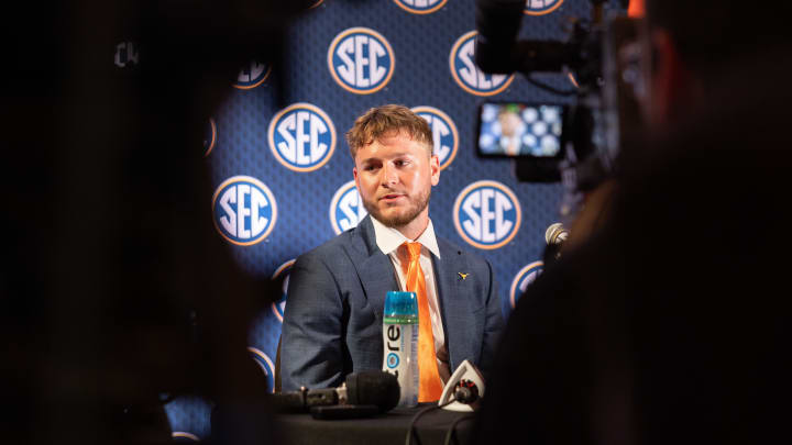 Jul 17, 2024; Dallas, TX, USA; Texas quarterback Quinn Ewers speaking at Omni Dallas Hotel. Mandatory Credit: Brett Patzke-USA TODAY Sports