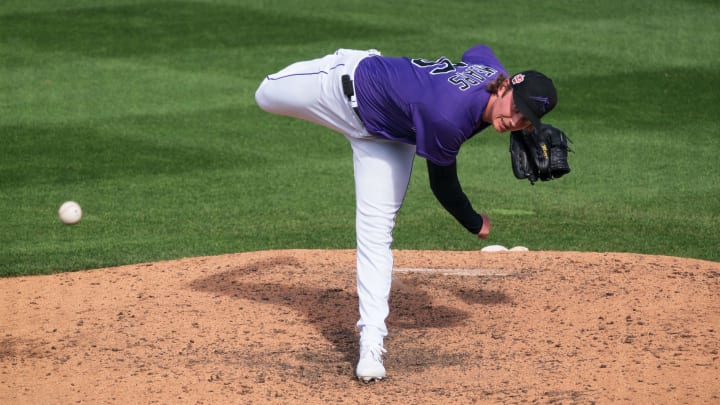 Mar 10, 2023; Salt River Pima-Maricopa, Arizona, USA; Colorado Rockies pitcher Nick Mears (46) on the mound in eighth the inning during a spring training game against the San Francisco Giants at Salt River Fields at Talking Stick. Mandatory Credit: Allan Henry-USA TODAY Sports 