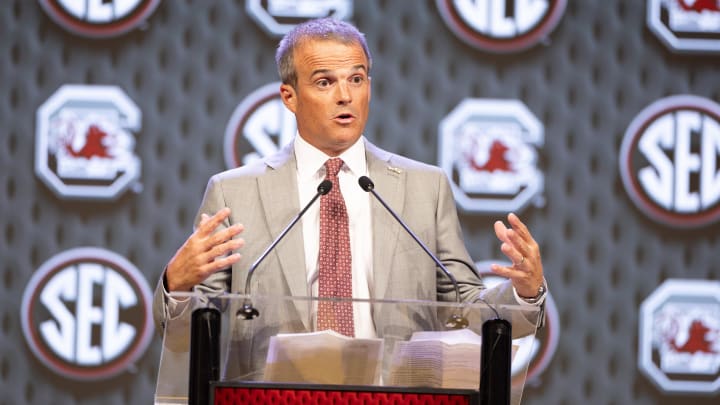 Jul 15, 2024; Dallas, TX, USA; South Carolina head coach Shane Beamer speaking to the media at Omni Dallas Hotel. Mandatory Credit: Brett Patzke-USA TODAY Sports