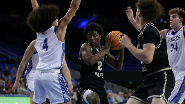 Notre Dame guard NaVorro Bowman Jr. drives to the basket against Santa Margarita at the Trinity-Mission League Challenge in Pauley Pavilion.