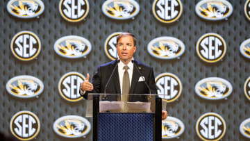 Jul 16, 2024; Dallas, TX, USA; Missouri head coach Eliah Drinkwitz speaking at Omni Dallas Hotel. Mandatory Credit: Brett Patzke-USA TODAY Sports