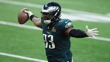 Feb 9, 2025; New Orleans, LA, USA; Philadelphia Eagles defensive tackle Milton Williams (93) celebrates a fumble recovery in the fourth quarter in Super Bowl LIX at Ceasars Superdome.