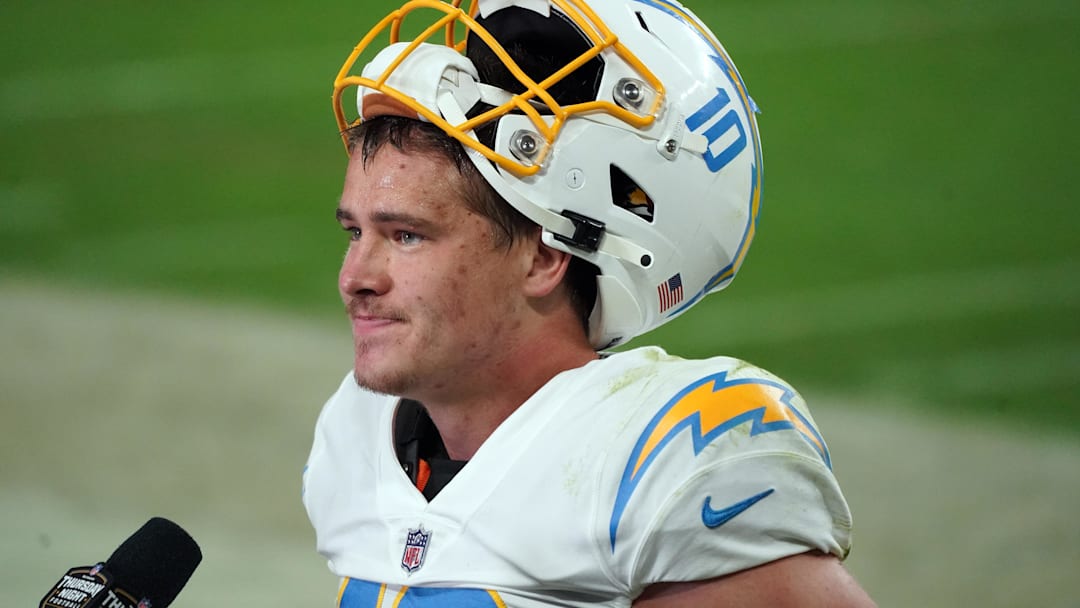 Dec 17, 2020; Paradise, Nevada, USA; Los Angeles Chargers quarterback Justin Herbert (10) is interviewed post game following the overtime victory against the Las Vegas Raiders at Allegiant Stadium. Mandatory Credit: Kirby Lee-Imagn Images