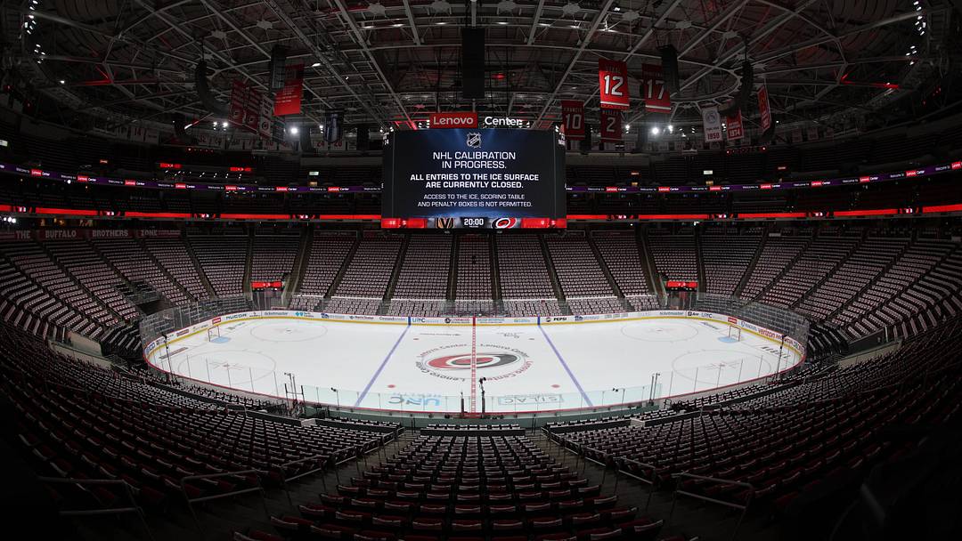 Jun 2, 2026; Raleigh, North Carolina, USA; Overview of the stadium prior to the game between the Carolina Hurricanes and the Vegas Golden Knights in game one of the 2026 Stanley Cup Final at Lenovo Center. Mandatory Credit: Nathan Ray Seebeck-Imagn Images