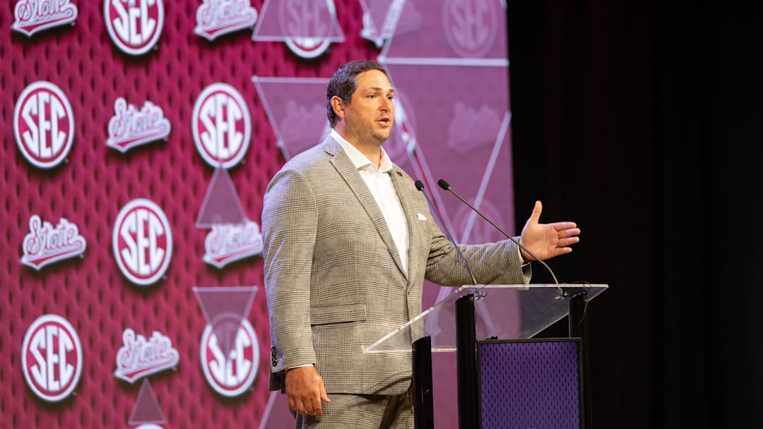 Jul 17, 2024; Dallas, TX, USA; Mississippi State head coach Jeff Lebby speaking at Omni Dallas Hotel. Mandatory Credit: Brett Patzke-USA TODAY Sports Jul 17, 2024; Dallas, TX, USA; Mississippi State head coach Jeff Lebby speaking at Omni Dallas Hotel. Mandatory Credit: Brett Patzke-USA TODAY Sports