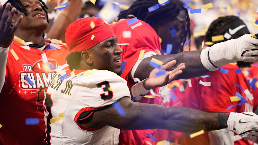 Dec 6, 2025; Atlanta, GA, USA; Georgia Bulldogs running back Nate Frazier (3) celebrates after the game against the Alabama Crimson Tide during the 2025 SEC Championship game at Mercedes-Benz Stadium. Mandatory Credit: Dale Zanine-Imagn Images