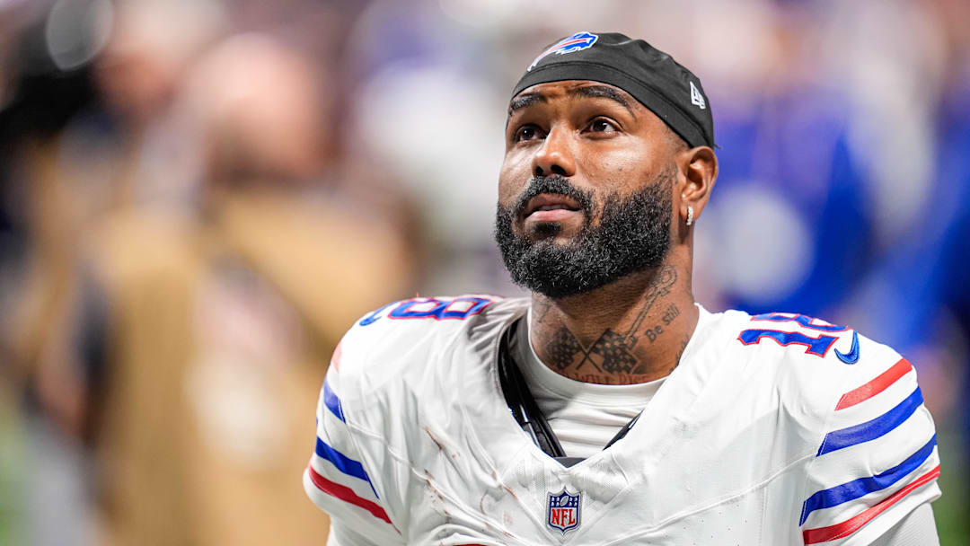 Oct 13, 2025; Atlanta, Georgia, USA; Buffalo Bills wide receiver Elijah Moore (18) on the field against the Atlanta Falcons at Mercedes-Benz Stadium. Mandatory Credit: Dale Zanine-Imagn Images