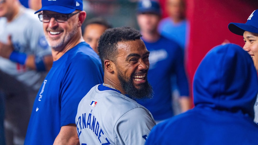 Aug 30, 2024; Phoenix, Arizona, USA; Los Angeles Dodgers outfielder Teoscar Hernandez (37) reacts after scoring in the seventh inning for a game against the Arizona Diamondbacks at Chase Field. Mandatory Credit: Allan Henry-Imagn Images