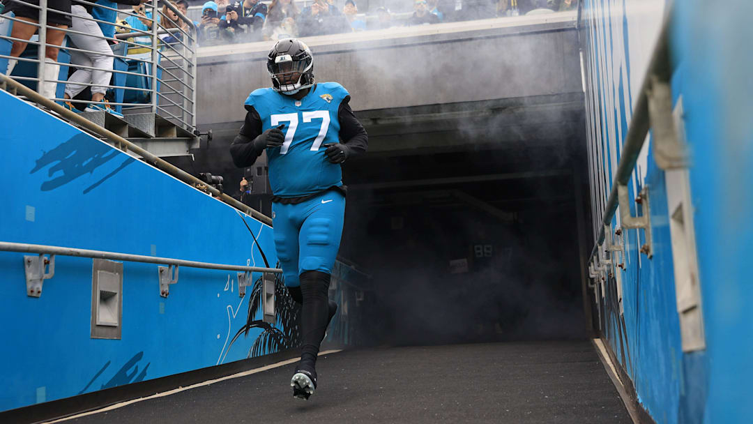 Jacksonville Jaguars offensive tackle Anton Harrison (77) takes to the field before an NFL football game Sunday, Nov. 12, 2023 at EverBank Stadium in Jacksonville, Fla. The San Francisco 49ers defeated the Jacksonville Jaguars 34-3. [Corey Perrine/Florida Times-Union]