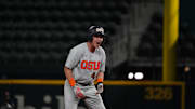 Mar 1, 2025; Arlington, TX, USA; The Auburn Tigers play against the Oregon State Beavers during the Amegy Bank College Baseball Series presented by Kubota Weekend 3 at Globe Life Field. Mandatory Credit: Raymond Carlin III-Imagn Images