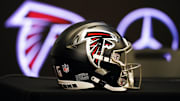 Atlanta Falcons helmet on the table before Raheem Morris is introduced as the new head coach of the Atlanta Falcons.