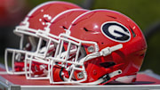 Apr 12, 2025; Athens, GA, USA; Georgia Bulldogs helmets on the bench during the Georgia Spring game at Sanford Stadium. Mandatory Credit: Dale Zanine-Imagn Images