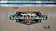 A detailed view of the West Coast Conference Tournament championship logo at center court at Orleans Arena.
