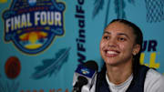 Apr 5, 2025; Tampa, FL, USA; UConn Huskies guard Azzi Fudd (35) talks to media before the NCAA Woman’s Final practice at Amalie Arena. Mandatory Credit: Nathan Ray Seebeck-Imagn Images