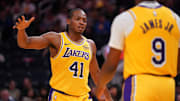 Oct 18, 2024; San Francisco, California, USA; Los Angeles Lakers guard Quincy Olivari (41) gives a high five to guard Bronny James (9) after a play against the Golden State Warriors in the third quarter at the Chase Center. Mandatory Credit: Cary Edmondson-Imagn Images
