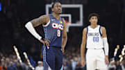 Dec 5, 2025; Oklahoma City, Oklahoma, USA; Oklahoma City Thunder guard Jalen Williams (8) stands during Dallas Mavericks free throw shots during the second quarter at Paycom Center. Mandatory Credit: Alonzo Adams-Imagn Images