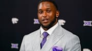 Kansas State linebacker Des Purnell answers questions from the media during 2025 Big 12 Football Media Days at The Star. 