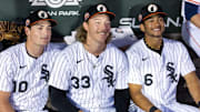 Chicago White Sox prospects Sam Antonacci (left), Hagen Smith (center) and Braden Montgomery (right) during the Arizona Fall League Fall Stars Game at Sloan Park. 
