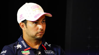 May 2, 2024; Miami Gardens, Florida, USA; Red Bull Racing driver Sergio Perez (11)  during a press
