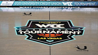 A detailed view of the West Coast Conference Tournament championship logo at center court at Orleans Arena.