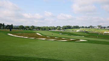 A wide view of the Church Pew bunker at Oakmont Country Club during the 2025 U.S. Open
