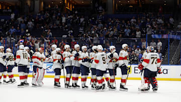 Apr 30, 2025; Tampa, Florida, USA; Florida Panthers goaltender Sergei Bobrovsky (72) and teammates celebrate after they best the Tampa Bay Lightning during game five of the first round of the 2025 Stanley Cup Playoffs at Amalie Arena. Mandatory Credit: Kim Klement Neitzel-Imagn Images