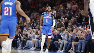 Nov 4, 2024; Oklahoma City, Oklahoma, USA; Oklahoma City Thunder guard Isaiah Joe (11) smiles after scoring against the Orlando Magic during the second half at Paycom Center. Mandatory Credit: Alonzo Adams-Imagn Images