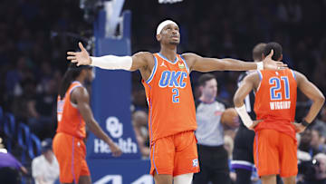Feb 1, 2025; Oklahoma City, Oklahoma, USA; Oklahoma City Thunder guard Shai Gilgeous-Alexander (2) stretches during free throws against the Sacramento Kings during the first quarter at Paycom Center. Mandatory Credit: Alonzo Adams-Imagn Images