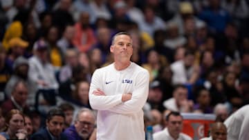 LSU Tigers head coach Matt McMahon reacts to time ticking away against Mississippi State during their second round game of the SEC Men's Basketball Tournament at Bridgestone Arena in Nashville, Tenn., Thursday, March 14, 2024.