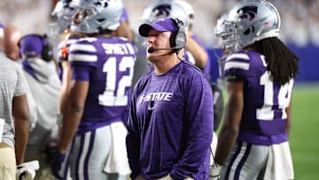 Sep 21, 2024; Provo, Utah, USA; Kansas State Wildcats head coach Chris Klieman looks on against the Brigham Young Cougars during the first quarter at LaVell Edwards Stadium. Mandatory Credit: Rob Gray-Imagn Images