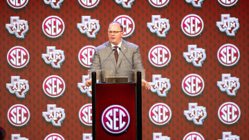 Jul 18, 2024; Dallas, TX, USA; Texas A&M head coach Mike Elko speaking at Omni Dallas Hotel. Mandatory Credit: Brett Patzke-USA TODAY Sports