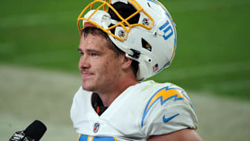 Dec 17, 2020; Paradise, Nevada, USA; Los Angeles Chargers quarterback Justin Herbert (10) is interviewed post game following the overtime victory against the Las Vegas Raiders at Allegiant Stadium. Mandatory Credit: Kirby Lee-Imagn Images