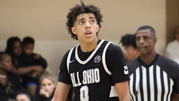 Taylen Kinney (0) stands on the court during an AAU basketball game July 4, 2023, at the Nike EYBL Peach Jam in North Augusta, S.C. A Newport native, Kinney is a Class of 2026 recruit and holds a scholarship offer to play at Louisville.