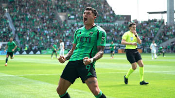  Austin FC forward Brandon Vazquez (9) celebrates after scoring a goal during the first half against San Diego FC at Q2 Stadium 