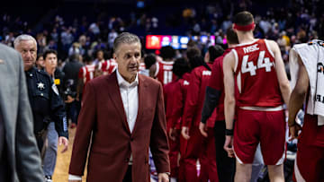 Jan 14, 2025; Baton Rouge, Louisiana, USA;  Arkansas Razorbacks head coach John Calipari reacts after being defeated by the LSU Tigers at Pete Maravich Assembly Center. Mandatory Credit: Stephen Lew-Imagn Images
