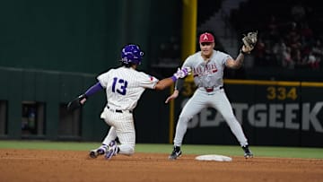 Feb 22, 2025; Arlington, TX, USA; The Arkansas Razorbacks play the TCU Horned Frogs during the Amegy Bank College Baseball Series presented by Kubota Weekend 2 at Globe Life Field. Mandatory Credit: Raymond Carlin III-Imagn Images
