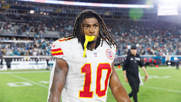 Kansas City Chiefs running back Isiah Pacheco (10) after the game against the Jacksonville Jaguars at EverBank Stadium.
