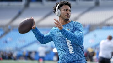 Sep 15, 2024; Charlotte, North Carolina, USA;  Carolina Panthers quarterback Bryce Young (9) throws during pregame warm ups against the Carolina Panthers at Bank of America Stadium. Mandatory Credit: Jim Dedmon-Imagn Images