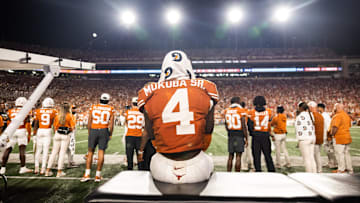 Oct 19, 2024; Austin, Texas, USA; Texas Longhorns cornerback Andrew Mukuba (4) watching the game in the fourth quarter against the Georgia Bulldogs at Darrell K Royal-Texas Memorial Stadium.