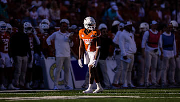 Nov 23, 2024; Austin, Texas, USA; Texas Longhorns wide receiver Isaiah Bond (7) lined up against the Kentucky Wildcats during the second quarter at Darrell K Royal-Texas Memorial Stadium.