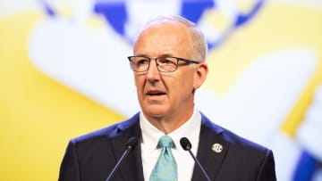 Jul 15, 2024; Dallas, TX, USA; SEC commissioner Greg Sankey speaking at Omni Dallas Hotel. Mandatory Credit: Brett Patzke-USA TODAY Sports