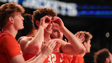 Jan 14, 2025; Atlanta, Georgia, USA; Clemson Tigers forward Daniel Nauseef (32) celebrates the play against the Georgia Tech Yellow Jackets during the second half at McCamish Pavilion. Mandatory Credit: Jordan Godfree-Imagn Images