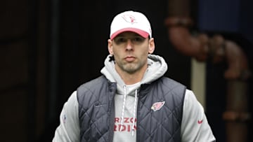 Nov 24, 2024; Seattle, Washington, USA; Arizona Cardinals head coach Jonathan Gannon exits the locker room before pregame warmups against the Seattle Seahawks at Lumen Field. Mandatory Credit: Joe Nicholson-Imagn Images