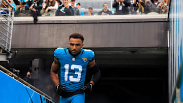 Jacksonville Jaguars wide receiver Christian Kirk (13) takes to the field before an NFL football game Sunday, Nov. 12, 2023 at EverBank Stadium in Jacksonville, Fla. The San Francisco 49ers defeated the Jacksonville Jaguars 34-3.