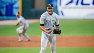 Wake Forest pitcher Chase Burns (29) celebrates