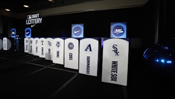 Dec 10, 2024; Dallas, TX, USA; A general view of the set of the MLB Draft Lottery at the Hilton Anatole during the 2024 MLB Winter Meetings. Mandatory Credit: Tim Heitman-Imagn Images