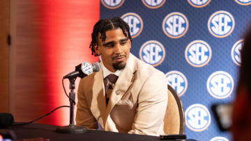 Jul 18, 2024; Dallas, TX, USA; Texas A&M linebacker Taurean York speaks to the media at Omni Dallas Hotel. Mandatory Credit: Brett Patzke-USA TODAY Sports